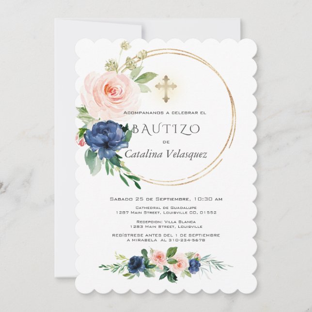 Flores azules rosas Invitación de Bautizo Español (Anverso)