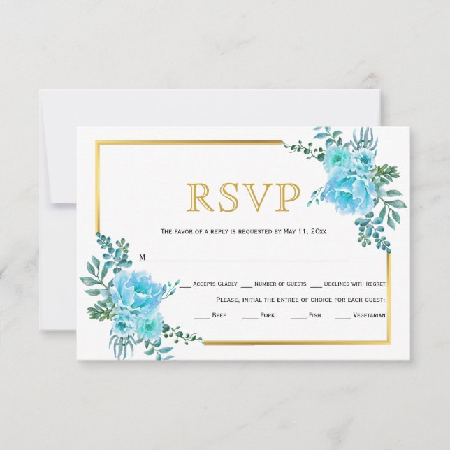 Flores azules, tarjeta RSVP de boda de marco dorad (Anverso)