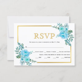 Flores azules, tarjeta RSVP de boda de marco dorad