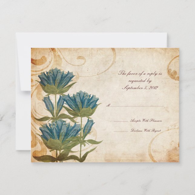 Flores azules Vintage Wedding RSVP (Anverso)