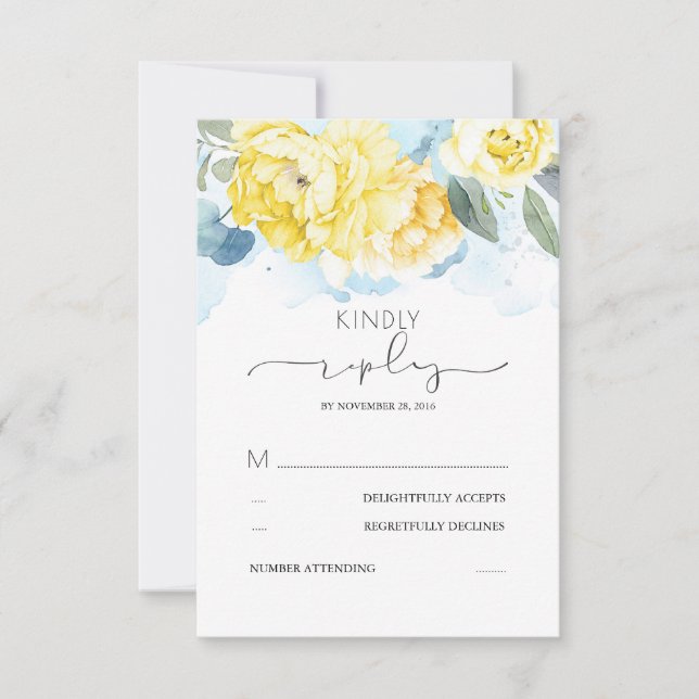 Flores azules y amarillas polvorientas Boda RSVP (Anverso)