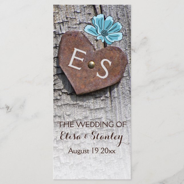 Flores azules y corazón en el programa de bodas de (Anverso)