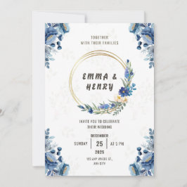Flores azules y la invitación a la Boda Dorada Gil