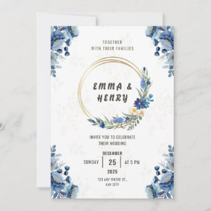 Flores azules y la invitación a la Boda Dorada Gil