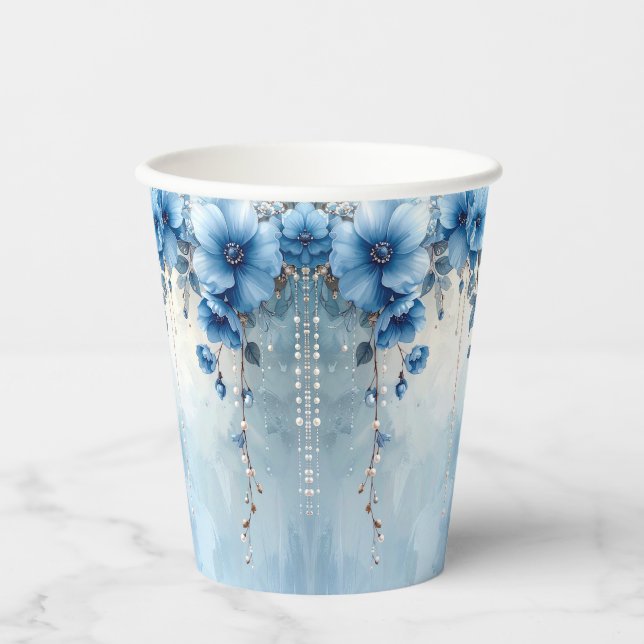 Flores Azules y Perlas Vasos de Papel (Anverso)