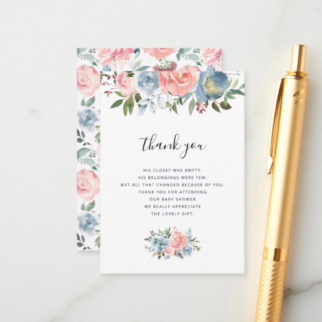 flores azules y rosas, bebé ducha gracias tarjeta (Anverso/Reverso In Situ)