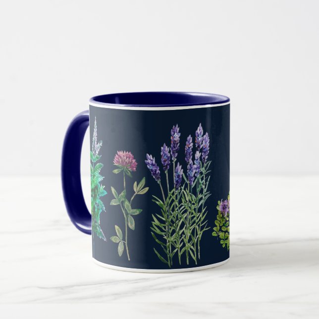 Flores azules y violetas en la taza de las acuarel (Anverso izquierdo)