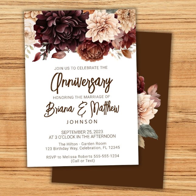 Flores beige marrones Invitación de boda aniversar (Subido por el creador)
