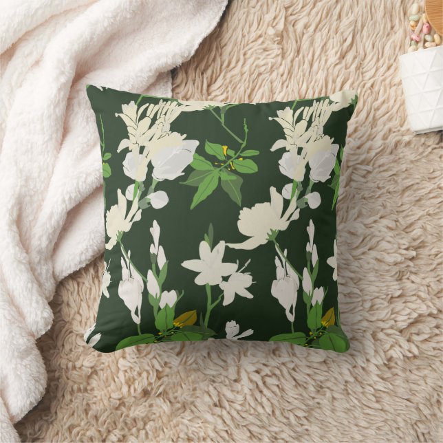 Flores blancas 1 almohada de espalda verde oscuro (Manta)