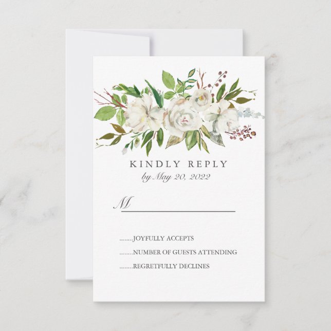 Flores blancas de jardín antiguo Boda RSVP (Anverso)