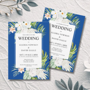 Flores Blancas en Invitación de Boda Azul