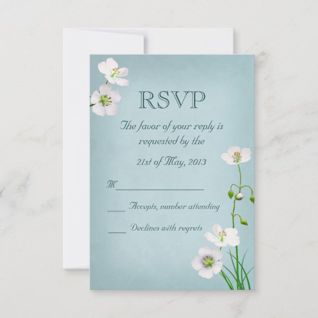 Flores blancas en la boda azul RSVP (Anverso)