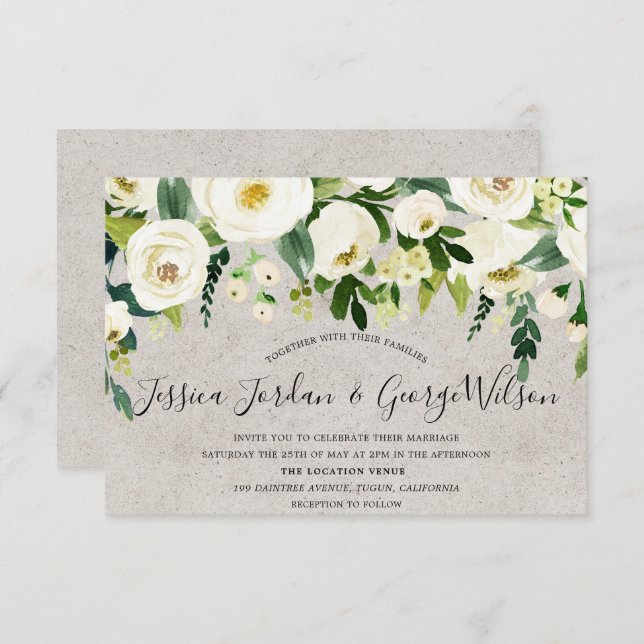 Flores Blancas Modernas Elegante Invitación a la B (Anverso / Reverso)