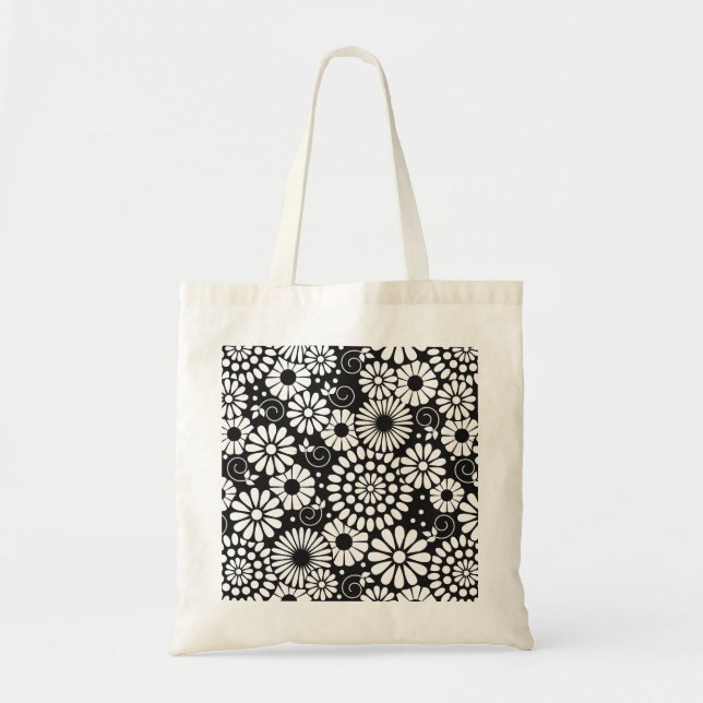 Flores blancas negras Retro Bolsa (Frente)