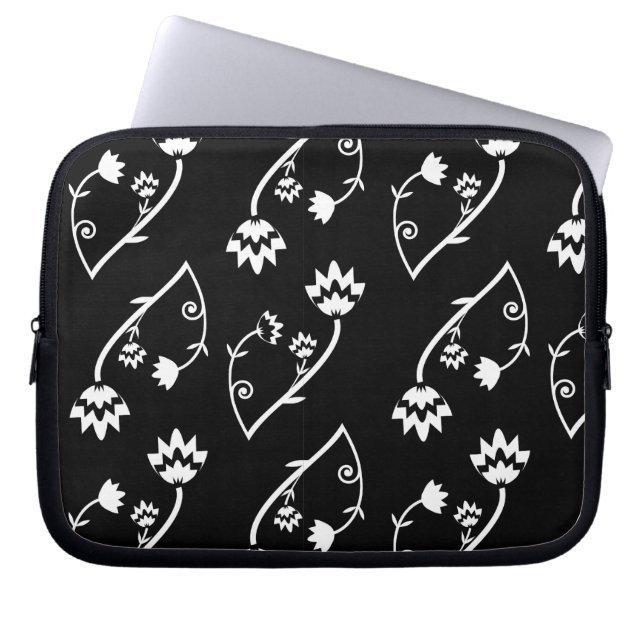 Flores blancas negras retro Funda para portátiles (Frente)