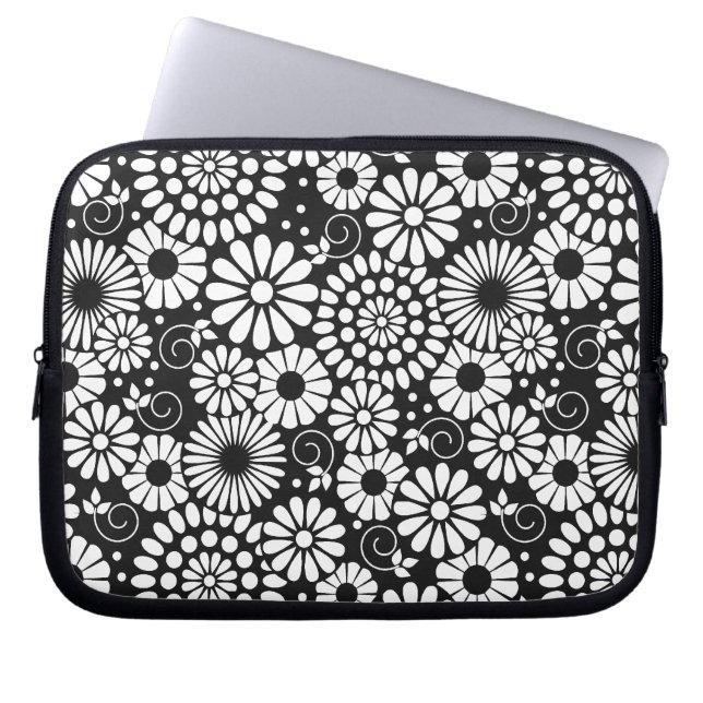 Flores blancas negras retro Funda para portátiles (Frente)