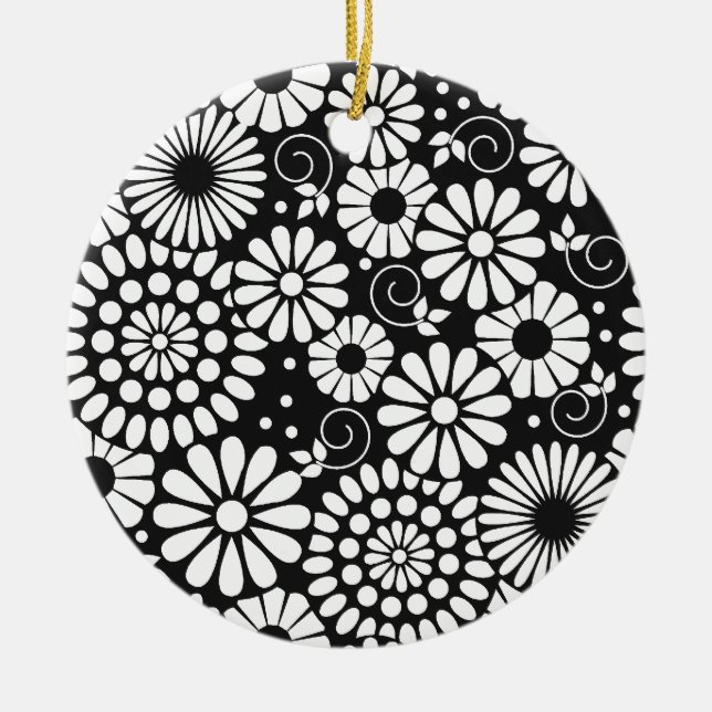 Flores blancas negras retro Ornamento (Frente)