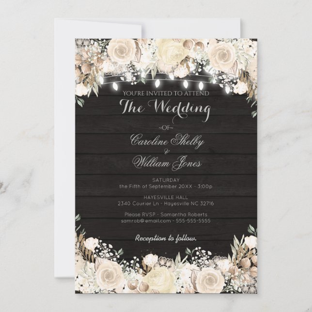Flores blancas rusticas e invitación a la boda de  (Anverso)