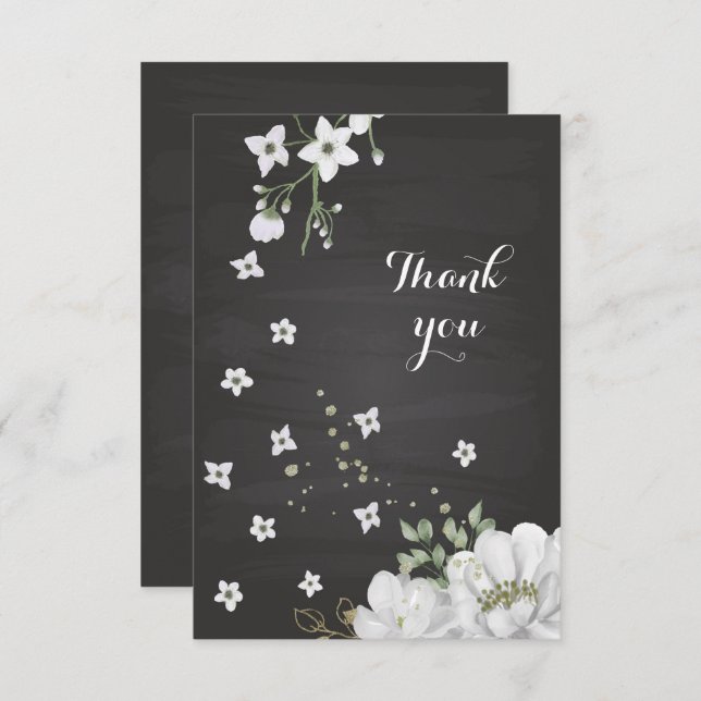 flores blancas verde negro tarjeta de agradecimien (Anverso / Reverso)