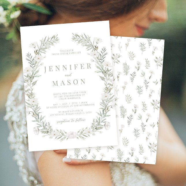 Flores blancas verde rústico Invitación a la boda (Subido por el creador)