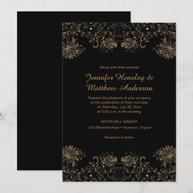 Flores bosquejadas de oro en invitaciones a la bod (Anverso / Reverso)