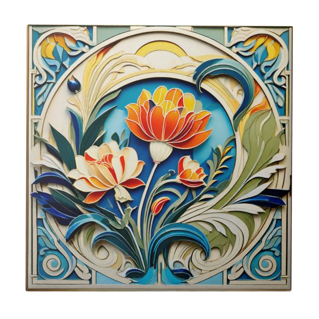 Flores Brillantes Azulejos de Cerámica Art Deco (Frente)