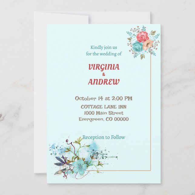 Flores color agua elegante Invitación a la boda (Anverso)