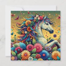 Flores Coloridas Caprichosas y Caballo Blanco