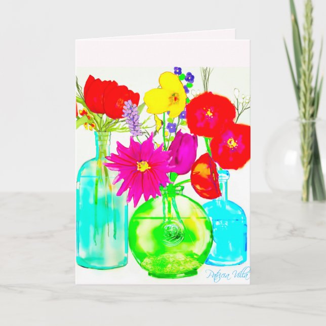 Flores coloridas en tarjeta de nota en blanco (Anverso)