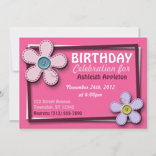 Flores con título Invitaciones de cumpleaños rosad (Anverso)