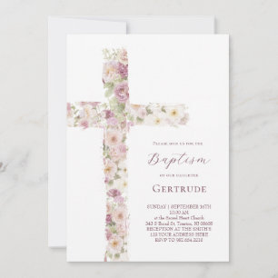 flores cruz Invitación niña Bautizo