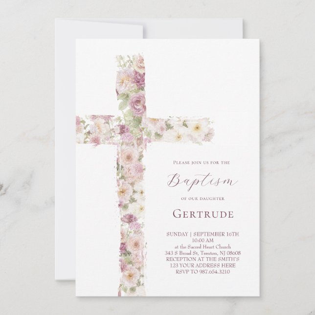 flores cruz Invitación niña Bautizo (Anverso)