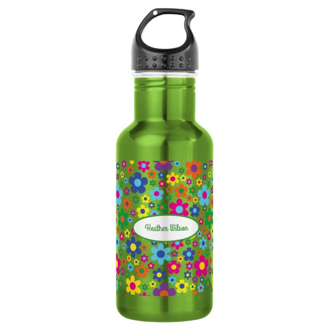 Flores Cute Niños Botella de Agua con Nombre Verde (Anverso)