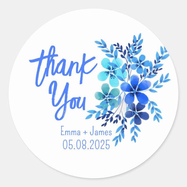 Flores de acuarela azul Gracias Pegatina (Anverso)