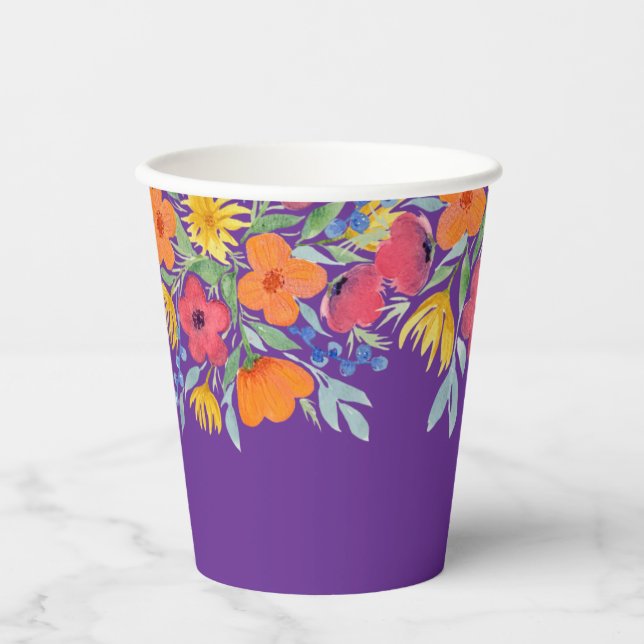 Flores de Acuarela en Vasos de Papel Púrpura (Anverso)