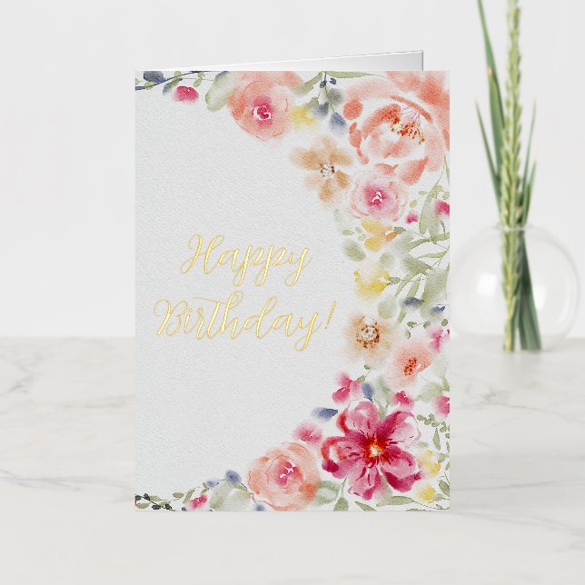 Flores de acuarela modernas con Happy Birthday enc (Anverso)