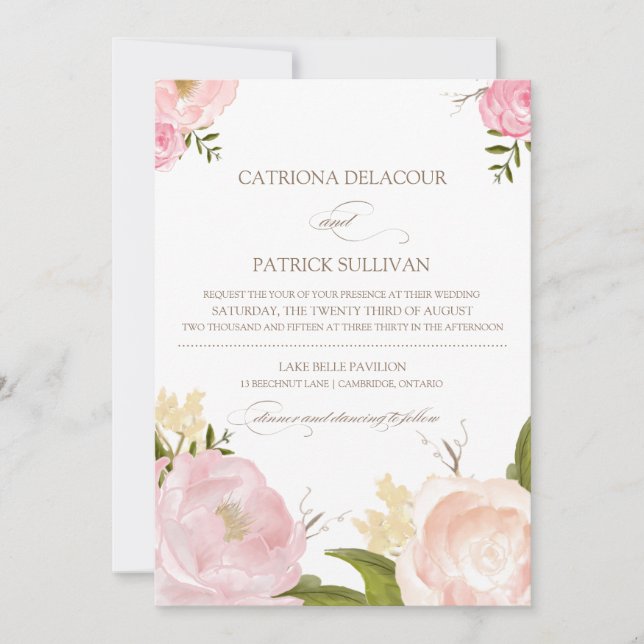 Flores de acuarela romántica Invitación de matrimo (Anverso)