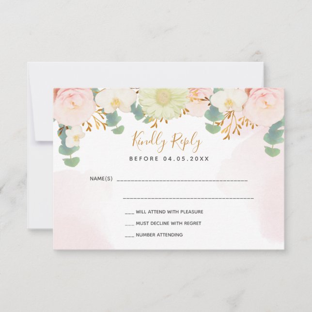 Flores de acuarela rosa blanca Boda RSVP (Anverso)
