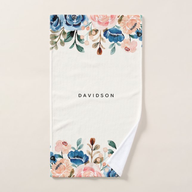 Flores de acuarela rosa y azul (Toalla de mano)