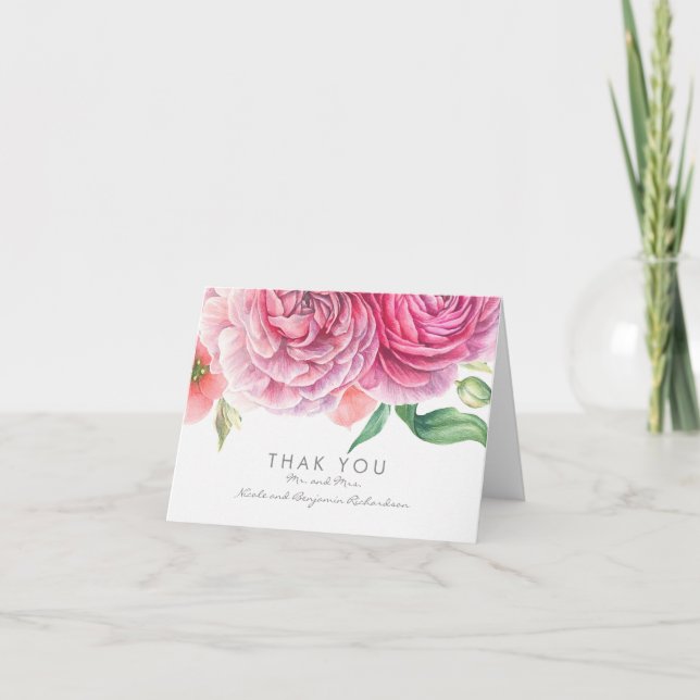 Flores de acuarela rosadas Agradecimiento de boda  (Anverso)