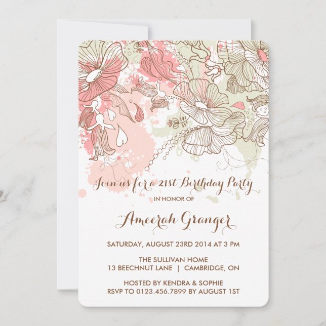 Flores de acuarela singulares Invitación de cumple (Anverso)