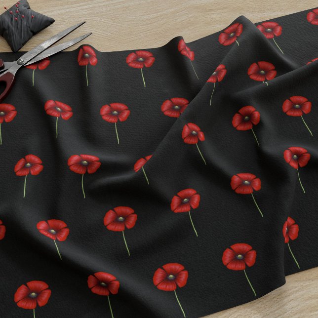Flores De Adormidera Rojas Sobre Tela Negra (A cute poppy pattern fabric just for you)