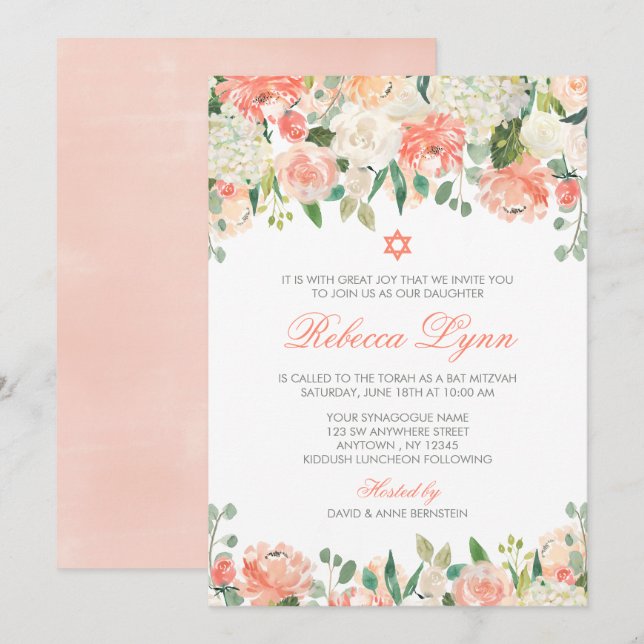 Flores De Agua Pastel Invitaciones Bat Mitzvah (Anverso / Reverso)