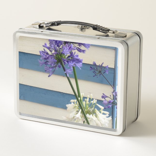 Flores De Alium Blancas Y Malvas Sobre Rayas (Reverso)