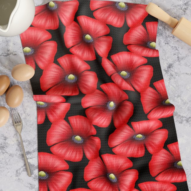 Flores de amapola roja en toalla de cocina negra (Pop a poppy kitchen towel in your kitchen for a lovely pop of color. Makes a great housewarming gift)
