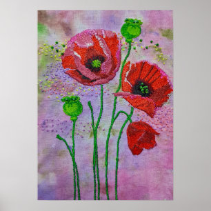 Flores de Amapola Roja Impresión de Arte Textil