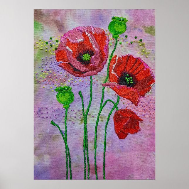 Flores de Amapola Roja Impresión de Arte Textil |  (Frente)