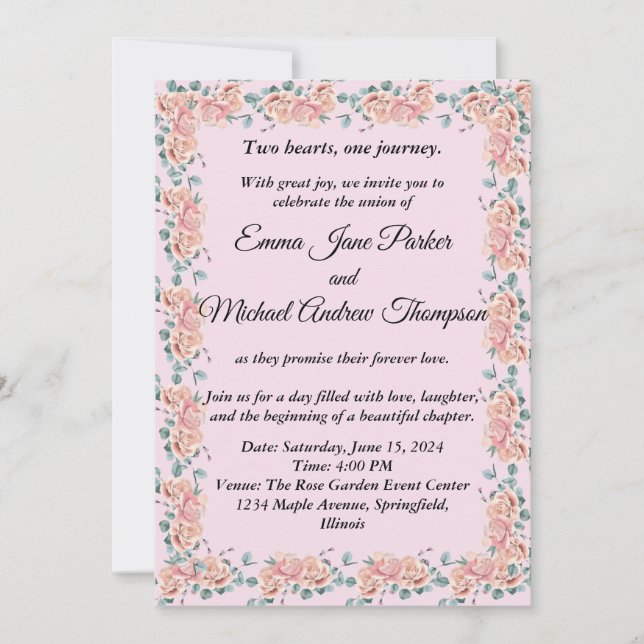 Flores de amor: Invitación a la boda floral rosa (Anverso)