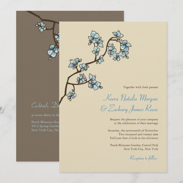 Flores de arce azul Invitación a la boda asiática  (Anverso / Reverso)