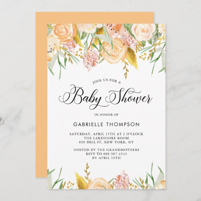 Flores de arce y oro deja la invitación de Baby Sh (Anverso / Reverso)